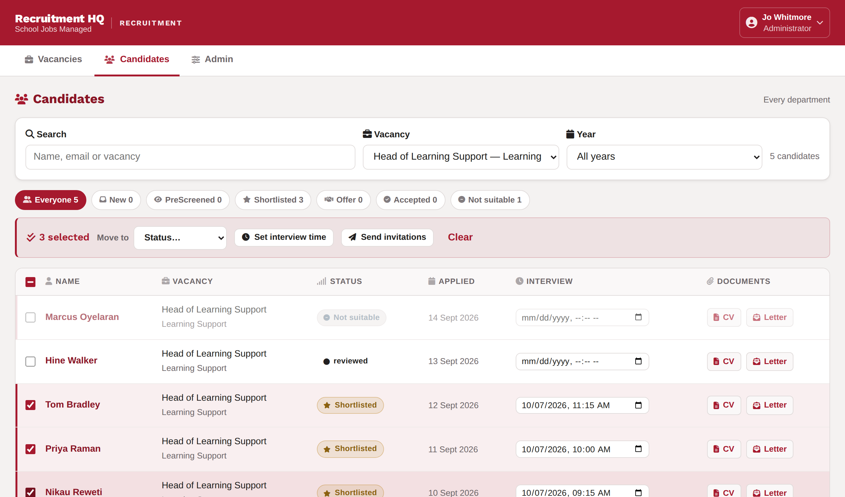 The Candidates tab with three people ticked and a bar of actions above the list.