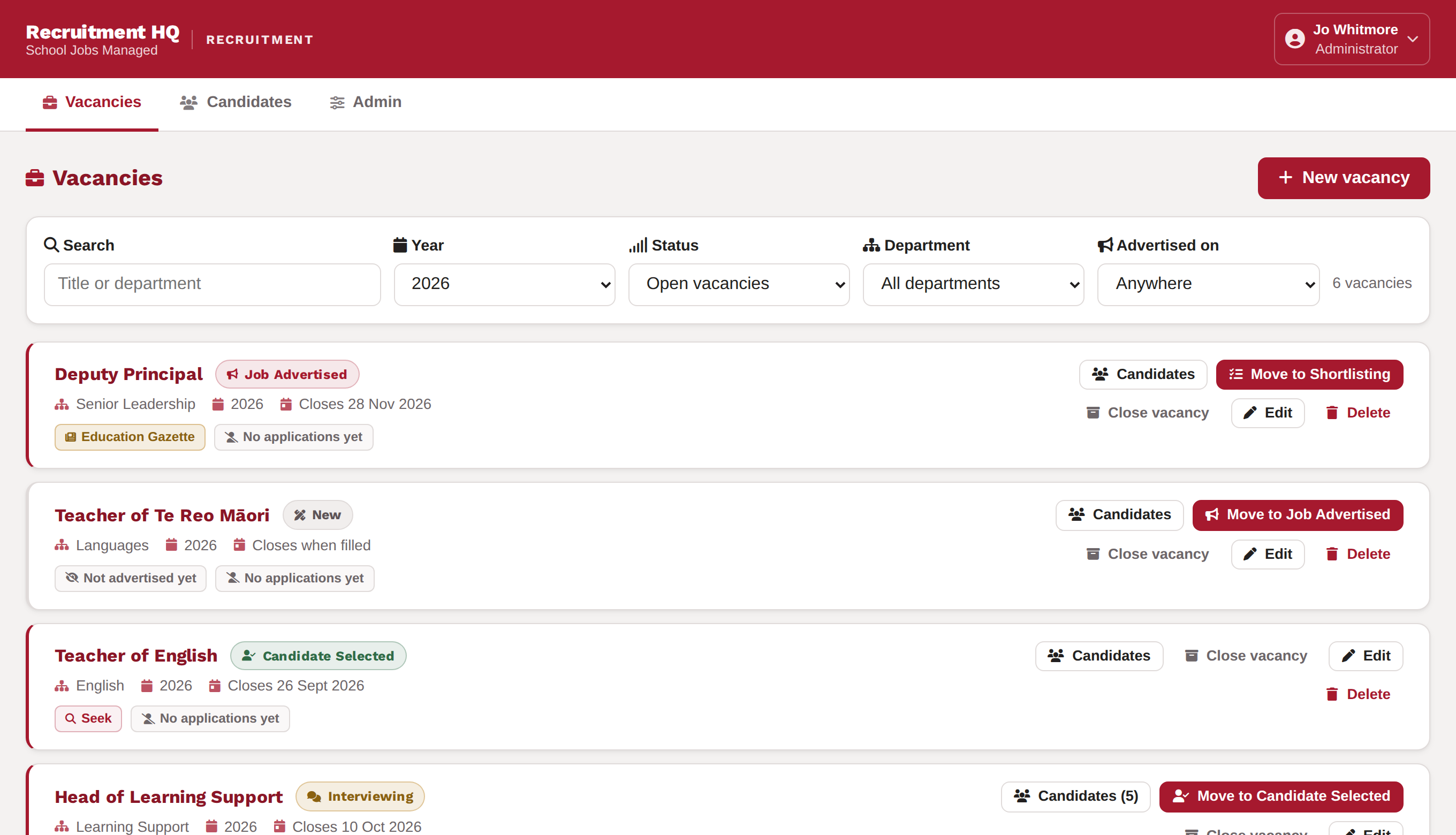 The Vacancies tab, showing six vacancies at different stages.